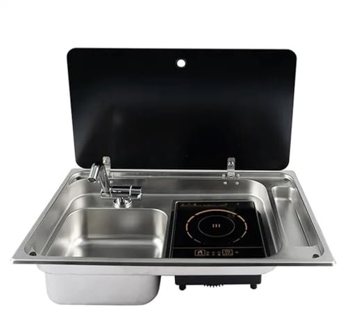 TYZK unità combinata lavello in Acciaio Inossidabile e Piano Cottura a induzione con Coperchio temperato for roulotte Camper