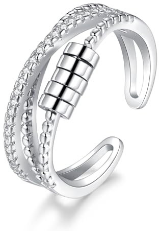 Kamise Anxiety Ring für Frauen, 925 Sterling Silber Damen Angst Ring, Weißgold Anti Stress Ring mit Zirkonia, Einstellbar Drei Schicht Vertrauensring, Lustige Bead Spinner Fidget Ring mit 5 Perlen