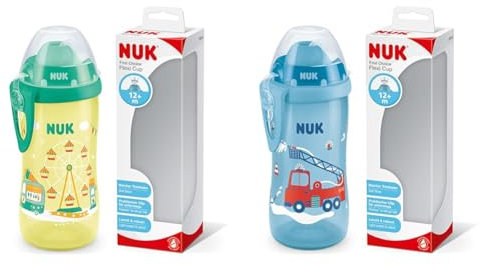 NUK First Choice+ Flexi Cup Trinklernflasche & First Choice+ Flexi Cup Trinklernflasche | ab 12 Monaten | auslaufsicher mit Trinkhalm | Clip und Schutzkappe | BPA-frei | 300 ml | Feuerwehrauto (blau)
