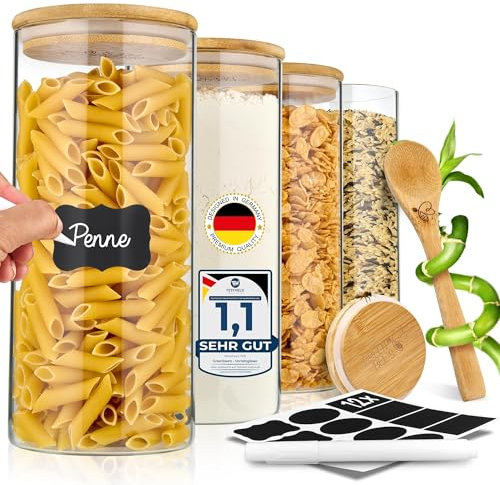 GREEN BEE`S Vorratsglas groß - 4x1500ml Neues Modell - Passgenau für Schublade & Apothekerschrank - Nachhaltige Vorratsgläser mit Deckel luftdicht - Für Mehl, Zucker, Nudeln, Müsli & Haferflocken