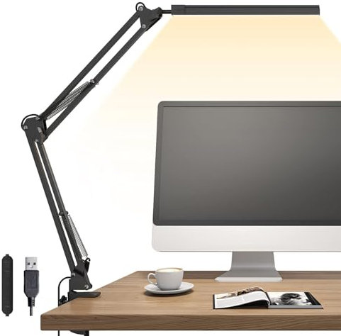 TROPICALTREE LED Desk Lamp, Swing Arm Desk Light with Clamp, 3 Lighting 10 Brightness Eye-Caring Modes, Reading Desk Lamps for Home Office 360°Spin with USB Adapter & Memory Function black-12W