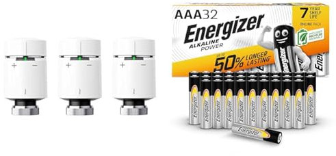 Drayton by Schneider Electric Wiser Smart Heating Radiator Thermostat Multipack, White & Energizer AAA Batteries, Alkaline Power, Triple A Battery Pack, 32 Pack (Packaging May Vary)