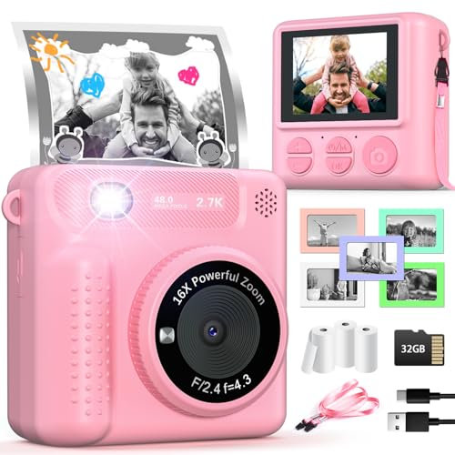 TERRAMUS Kinderkamera Sofortbildkamera, Digitalkamera für Kinder mit Druckpapier,32G Karte & 5 Fotorahmen, 1080P 2,4 Zoll Bildschirm Sofortbildkamera Kinder VideoKamera Geschenk für Kinder 3-14 Jahren