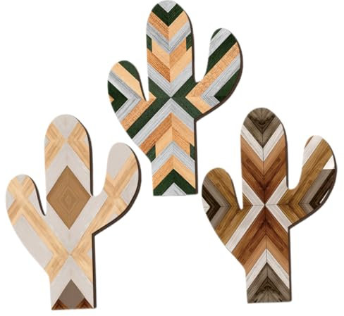 STOBAZA Wanddekoration 3 Stück mit Rustikalen Handbemalten Kaktus Motiven Boho Stil für Wohnzimmer und Schlafzimmer Einfache Montage Filigranes Design