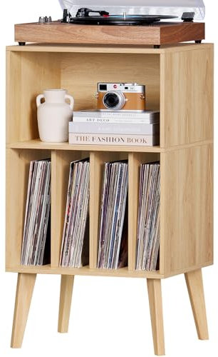 LELELINKY Record Player Stand, Turntable Stand Hold Up To 160 Albums, Mid-Century Vinyl Storage Table With Legs, Record Player Holder Display Cabinet Rack For Bedroom Living Room, Natural