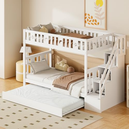 Etagenbett Kinderbett 90 × 200cm mit 90 × 190cm Ausziehbares Bett und Stauraum Treppe, Weiß Holzbett Hochbett Stockbett mit Lattenrost und Rausfallschutz für 2-3 Kinder