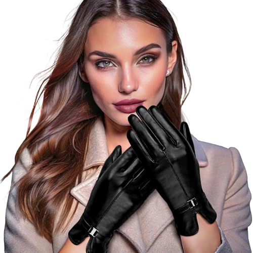 OZERO Leather Gloves For Women Winter,Sheepskin Wool Warm for Cold Weather