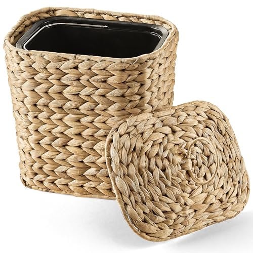 Tidita 1.3 Gallons Wicker Woven Waste Basket with Lid - Oval Water Hyacinth Trash Can with Handles - Seagrass Garbage Can for Bedroom, Bathroom, Kitchen, Office - Handwoven Slim Bin for Under Sink