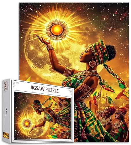 Afrika, schwarze Frau, 1000-teiliges Puzzle für Erwachsene, Afro-Mädchen, Malpuzzle, afrikanische Königin, 1000 Teile, Puzzle-Spiel, Gloden, Vollmond-Wanddekoration, Bastelpuzzle, Kunstgeschenk (bunt)
