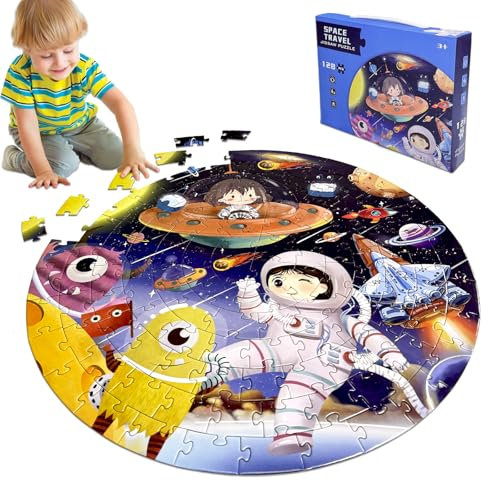 Kulveanju Kinder Puzzle ab 4 5 6 Jahre, 128 Teile Raumschiff Bodenpuzzle, Große Kinderpuzzle Spielzeug Kreisförmig, Puzzle für Jungen und Mädchen 3-7 Jährige Geschenk, 42x42 cm
