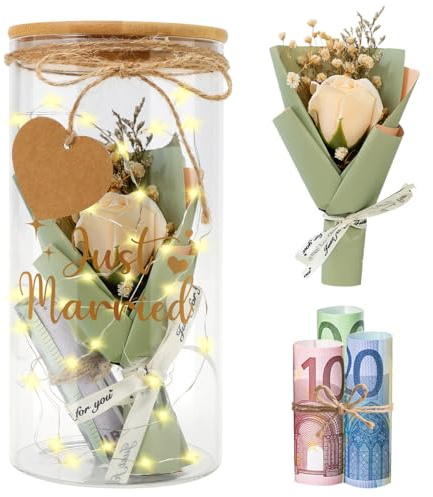 Hochzeitsgeschenke für Brautpaar, Just Married Flaschenlicht Hochzeit LED, Geldgeschenk Hochzeit Verpackung mit Trockenblumen, Lichterkette, Hochzeitsgeschenk Geld Spardose Sparschwein Hochzeit