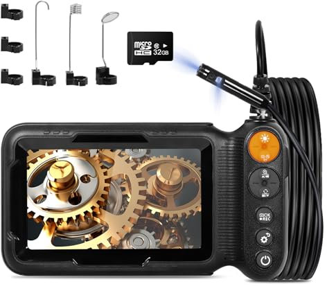 Industrielle Endoskopkamera mit zwei Objektiven mit 5 Zoll IPS-Bildschirm, 32 GB Speicherkarte, Foto-/Videoaufnahmen aktiviert, 5 m halbstarres Kabel mit 8 + 1 verstellbaren LEDs, IP67 wasserdicht