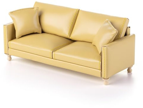 Minamzee 1:12 Puppenhausmöbel Leder Couch, Modernes Miniatur Doppelsofa mit Kissen, Luxus Stühle Wohnzimmer & Schlafzimmer Möbel für Puppenhaus(Gelb)