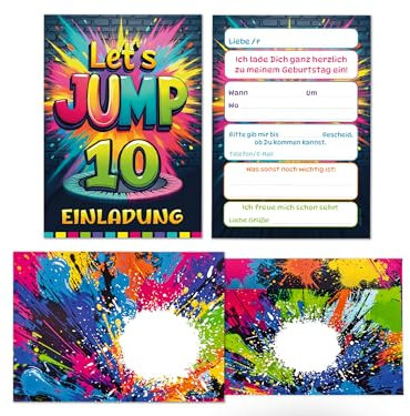Junaversum 12 Einladungskarten inkl. 12 Umschläge zum 10. Kindergeburtstag Jump Party Jungen Mädchen Kinder coole bunte Einladungen zehnte Geburtstag Geburtstagseinladungen Kids