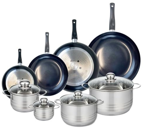 ELO 9755550 Batterie de cuisine 8 pièces, Ensemble de 4 Poêles de cuisson 20, 24, 28 et 32 cm et 4 faitouts 12, 16, 20 et 24 cm Elo Prima Brillant, inox, induction