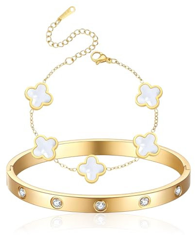 Eymobad 2 Stück Vierblättriges Kleeblatt Armband Gold,18K Vergoldeter Armreif,Armband Damen Gold,Glücksarmband für Hochzeit, Geburtstag, Alltag, Geschenk für Frauen