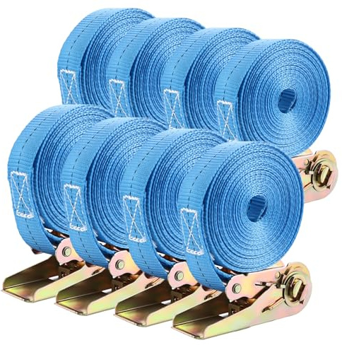 VIDETOL Lot de 8 sangles d'arrimage avec cliquet sans crochet - Longueur : 6 m - Largeur : 25 mm - Charge maximale : 800 kg - Bleu - Pour sécuriser le chargement, le retrait des bagages, le camping