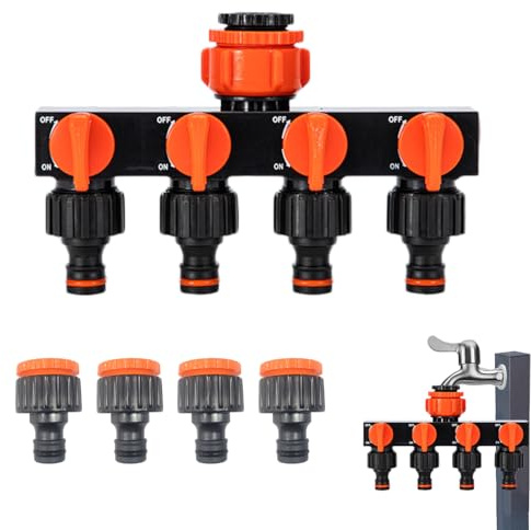 Ruayia Wasserverteiler 4 Fach, Wege-Schlauchverteiler mit 4 Ventilen, Schlauchverteiler Gartenbewässerung, 4 Geräte Können Gleichzeitig Verbunden Werden, Garten Wasserschlauch Gartenschlauch