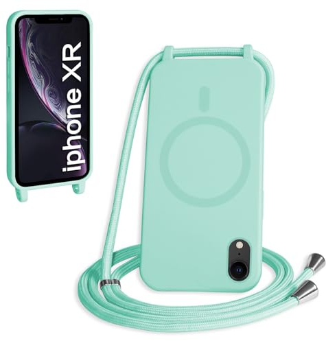 FMPCUON Magnetisch Handykette für iPhone XR Hülle,Necklace Hülle mit Bands Handyhülle für zum Umhängen Kordel,kompatibel mit Magsafe Silikon Case mit Handykordel,Minzgrün