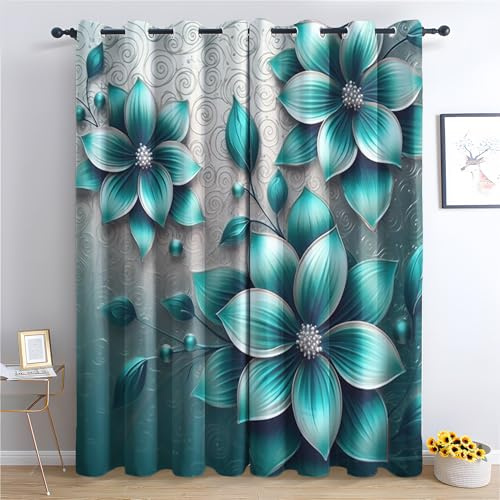 QEODAH Türkis Blumen Vorhänge Türkis Blumenmuster Luxus Verdunklungsvorhänge, Vorhang Blickdicht Gardinen mit Ösen, Schlafzimmer Wohnzimmer Kinderzimmer Deko, Thermovorhang 2er Set H 137 x B 117 cm