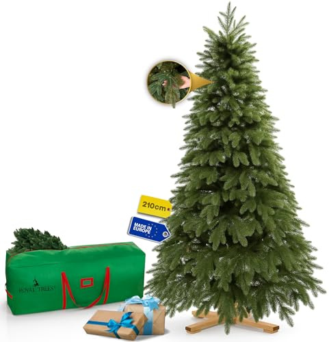Royal Trees Albero di Natale artificiale, 210 cm, in pino scandinavo artificiale, denso albero di Natale con 813 punte, albero di pino naturale grande, con robusto supporto in legno e custodia