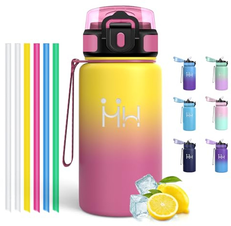 Motswedi Gourde Isotherme 500ml, avec Paille, Bouteille Isotherme, en Acier Inoxydable, Gourde Inox, Anti Fuite, 24h Froid & 12h Chaud, pour Sport, Gym, Voyage, Randonnée, Jaune & Rose rouge