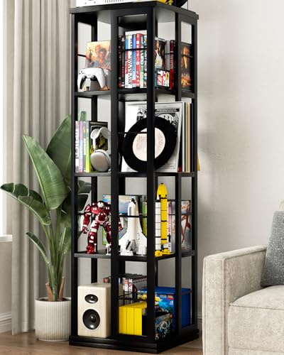 iSunirm Drehbarer Bücherregal, Eckregal, 360° drehbares Bücherregal aus Holz, Standregal, schmales Regal, drehbarer Organizer, Aufbewahrungsregal für kleine Räume, Schlafzimmer, Arbeitszimmer, Schwarz