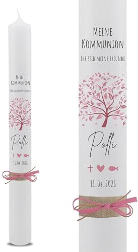 VILLA ROSA LOTTA – Personalisierbare Kommunionkerze „Polli“ mit Wunschdaten, Rückseite und Holzbox | Hände Bunt Motto 2026 | 40 cm x 4 cm | für Jungen und Mädchen | Altarkerze elfenbein