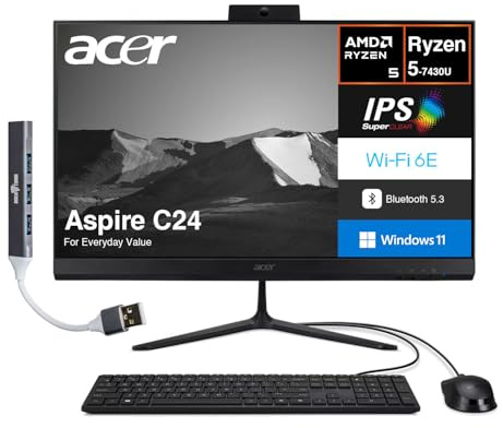 acer Aspire C24 Everyday Value All-in-One 23.8 IPS FHD Display (AMD Ryzen 5 7430U, 32GB DDR4, 1TB PCIe SSD, AMD Radeon, WiFi 6E, Webcam, Bluetooth 5.3, Win 11 Pro) w/DKZ USB Port Expander