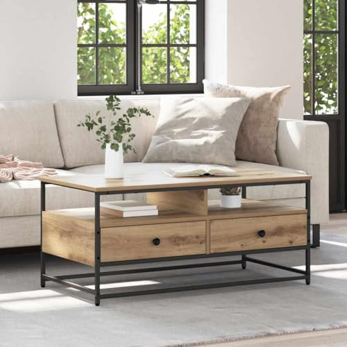 Bucmath Couchtisch Artisan-Eiche 100x51x45 cm, Holzwerkstoff, mit Schublade und 2 Regalen, moderner Wohnzimmertisch, Stabiler Kaffeetisch mit Stauraum