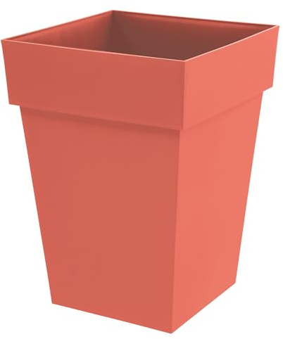 EDA - Pot de Fleur Carré Mi-Haut Toscane - 51 L - Intérieur & Extérieur - Zone de rétention d'eau pour Limiter l'Arrosage - Plastique Recyclé - 39 x 39 x H. 53 cm - Orange Terre Battue