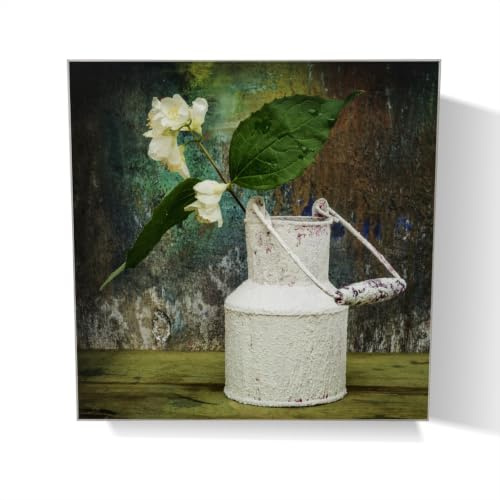 Wallario Schlüsselkasten aus Glas 30 x 30 cm, Wand Schlüsselhalter mit Haken, Motiv: Jasmin Blumen in Einer Alten Milchkanne