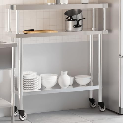 Ziaphsol Tavolo da lavoro da cucina con ripiano in acciaio inox 110 x 30 x 120 cm, con ripiano, 4 ruote, 2 freni, per gastronomia, ristorante, cucina, bar e catering, igienico e mobile