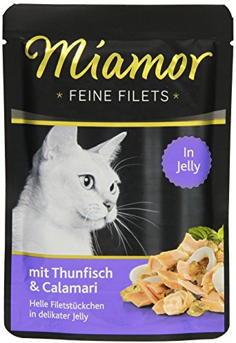 MIAMOR - Feine Filets in Jelly | Nassfutter für ausgewachsene Katzen mit Filetstückchen in Jelly. Fettarmes Ergänzungsfutter im Frischebeutel ohne Zusatzstoffe | 24x100g Thunfisch & Calamari