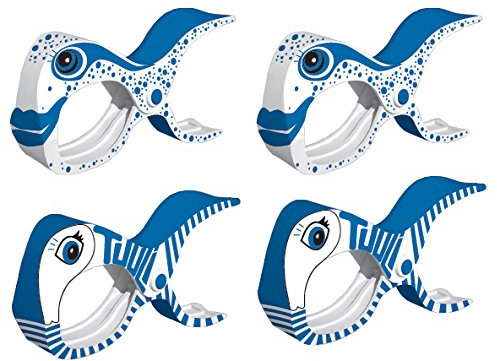 tuuli Accessories Große Clips Strand Klammern für Strandtuch Wäscheklammern Klammer Strandliege Yacht Kinderwagen Zubehör (2X Blau + 2X Fisch)