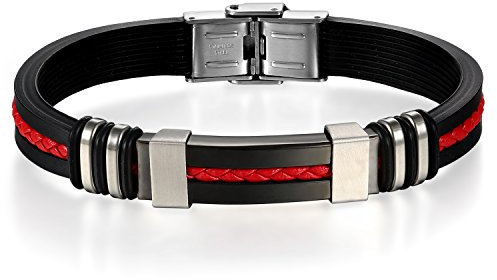 JewelryWe Schmuck Herren Armband, Klassisch Edelstahl Kautschuk Armreif Armschmuck mit Geflochten Leder Seil, Schwarz Rot Silber