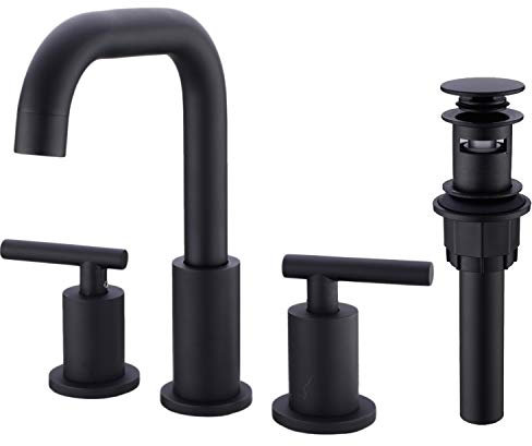 TRUSTMI - Rubinetto per lavabo da bagno a 2 maniglie da 20 cm, in ottone a 3 fori, con linee di approvvigionamento idrico cUPC e scarico a scomparsa, nero opaco