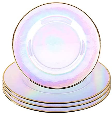 Koyal Wholesale Iridescent Glass Gold Rim Charger Plates, Set of 4, Glass Hammered Charger with Gold Trim