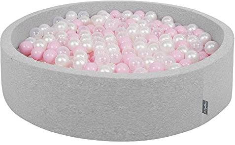KiddyMoon Bällebad 120X30cm/200 Bälle Rund Groß Bällepool Mit Bunten Bällen Für Babys Kinder, Hellgrau:Puderrosa-Perle-Transparent