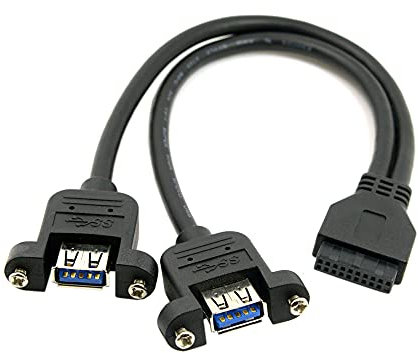 NFHK Cable USB 3.0 de doble puerto A hembra de montaje de tornillo a placa base de 20 pines, color negro