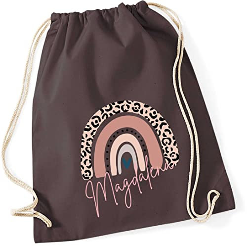 Turnbeutel mit Namen Leo-Print | Motiv Regenbogen in rosa | Stoffbeutel zum Zuziehen als Rucksack für Mädchen (braun)