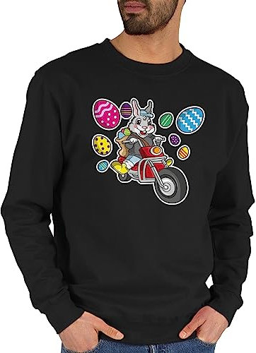 Sweater Pullover Sweatshirt Herren Damen - Oster Outfit - Osterhase mit Motorrad - M - Schwarz - ostergeschenk kleinigkeit easter hasen hase geschenk ostermotive ostermotiv zu ostern erwachsene