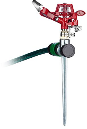 Relaxdays Irrigatore ad Impulsi con Picchetto, Spruzzatore per Prati, 360°, Getto 12 m, Sprinkler in Metallo, Rosso