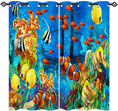 ANHOPE Ocean Curtains Eyelet 80% Blackout Room Darkening Curtains with Sea Animal Fish Shipwreck Print Pattern Thermal Insulated Window Drapes for Kids Bedroom Living Room 46 x 54 Inch Drop 2 Panels