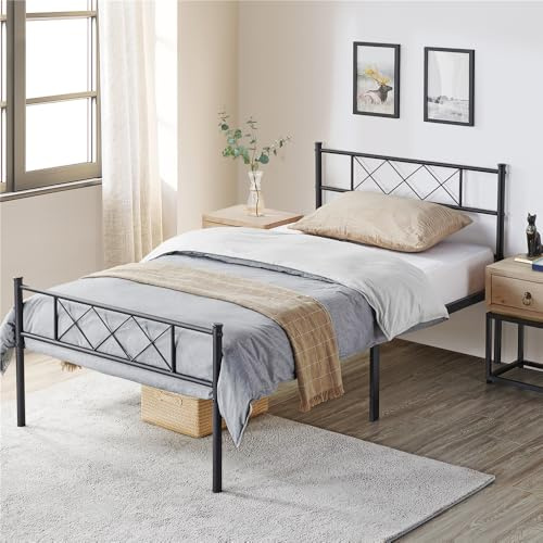 Yaheetech Cadre de Lit 90x200 cm avec Sommier, Lits Simples en Méta 1 Place pour Adulte, 1 Personne Une Place, Lits Modernes en Fer Forgé, 32,5 cm Espace de Rangement, Assemblage Facile, Noir