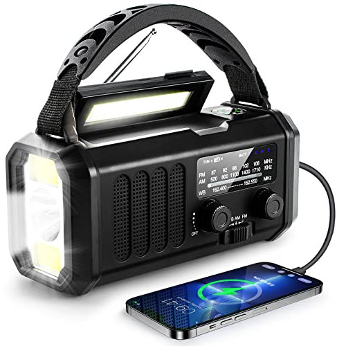Radio d'urgence, 10 000 mAh/37 000 mWh, radio météo NOAA, radio solaire à manivelle avec AM/FM, lampe de poche et lampe de lecture, batterie rechargeable, alarme SOS, chargeur de téléphone portable