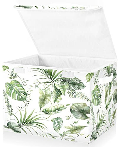 Mnsruu Storage Boxes with Lids, Banana Palm Green Leaf Morandi Large Storage Basket Organizer Shelves Cube Bin Toy Clothes Underbed