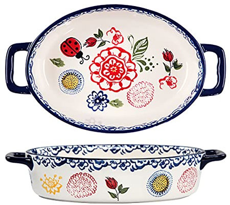 Bicuzat Vintage Style Flower and Butterfly Ladybug Pattern Bakeware Ceramic Casserole Dish Baking Pan Lasagna Pans Baking Dish with Handles for Oven to Table-1 PCS-A-Oval-Small