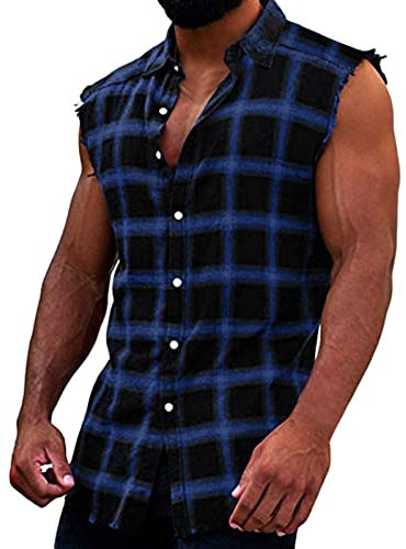 Chemise de bûcheron pour homme - Grande taille - Débardeur d'été ample - Chemise hawaïenne à carreaux - Chemise à carreaux boutonnée - Sans manches - Coupe ajustée - Sans manches, bleu foncé, L