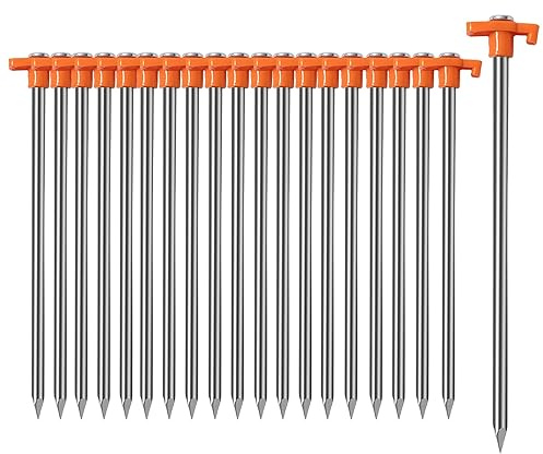 Cheardia 20 Pack Tent Stakes Heavy Duty, 9.75 Inch Yard Stakes Non-Rust Metal Tent Pegs Ground Stakes Tent Spikes for Camping Patio, Garden, Canopies, Grassland, Outdoor, Orange